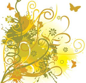 Kupu-kupu Vektor Latar Belakang Kuning Grunge Floral Seni