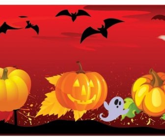 Vector Cartoon Pumpkin Character With Bats Flying Grunge Halloween Banner
