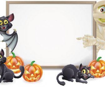 Vector Cartoon Skeleton And Bats Halloween Poster Mockup Template