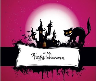 vektor kucing dengan bahagia halloween banner di kuburan poster template