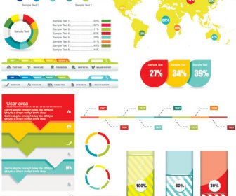 Vector Colorful World Map Website Menu And 3d Pie Chart Infograhpic Design Elements