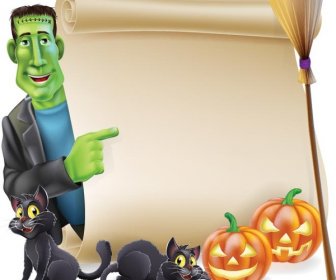 Vector Halloween Green Character With Peeping Round A Scroll Banner