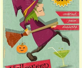 Vektor Halloween Partai Penyihir Desain Retro Template