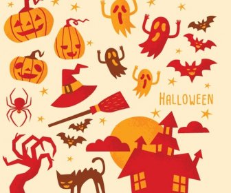 Vectores Feliz Relacionados Con Elementos De Diseño De Tarjeta De Halloween