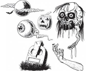 Vector Horror Crânio Humano Olho Grave Cotovelo E Abóbora Ilustração Vintage