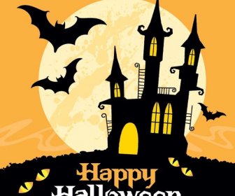 Vektor-Gejagte Burg Unter Der Großen Mond Happy Halloween Kartenvorlage