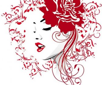 Illustration Vectorielle De Belle Jeune Fille Aux Cheveux Rose Et Fleurs Rouges