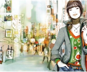 Vector Illustration Of Lady With Shopping Bag In Busy Street