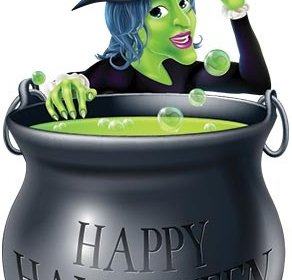 Vector Illustration Of Spooky Halloween Witch Girl With Cauldron