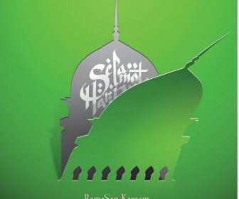 Eid Ul Bayramı Hari Raya Tebrik Kartı Kesme Vektör Camii