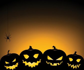 Vector Pumpkin Set With Spider Glowing Greeting Card Template