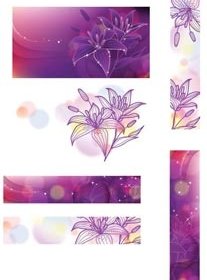 Arte Floral Púrpura Líneas Flor Bandera Conjunto De Vectores