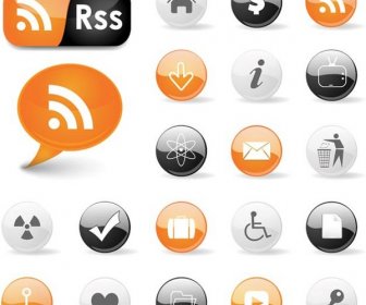 Vektor Rss Feed Ikon Dengan Ikon Situs-web Oranye Dan Hitam Mengkilap