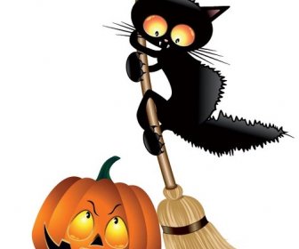 Vektor Scarcy Hitam Kucing Dengan Labu Halloween