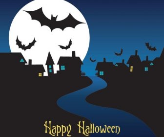 Vector Scary Scene Bat Flying In City Halloween Template