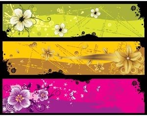 Vector Set Of Pink Green And Orange Grunge Floral Art Banner