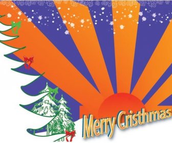 Vector Sunrise Orange Background With 3d Merry Christmas X Mas Card Template