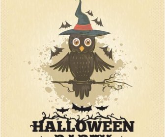 Vector Witch Owl Sitting On Branch Halloween Party Template
