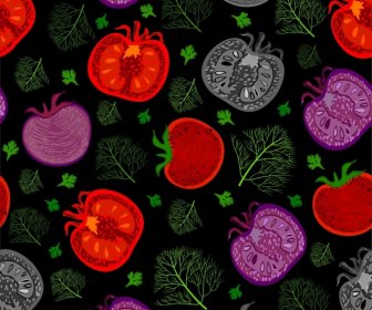 野菜の背景のタマネギ トマト アイコン暗い繰り返し装飾