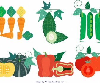 Elemen Desain Sayuran Dekorasi Ikon Retro Berwarna-warni