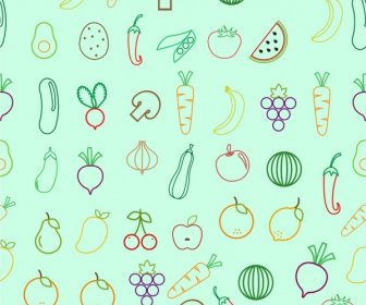 Vegetable Food Pattern Outline Colorful Repeating Flat Design