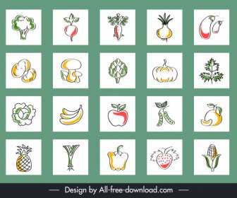 Gemüse Früchte Hintergrund Flach Handgezeichnetisolation Design