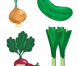 Gemüse-Ikonen Zwiebel Squash Rüben Lauch Skizze