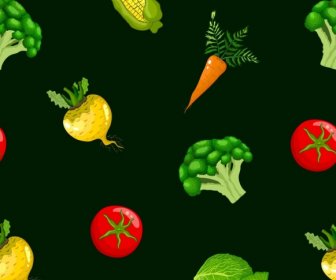 Template Pola Sayuran Dekorasi Ikon Berulang Berwarna-warni Gelap
