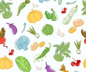 Vegetables Background Multicolored Icons Handdrawn Sketch