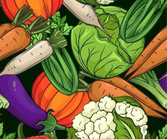 Vegetables Background Template Colorful Flat Retro Handdrawn