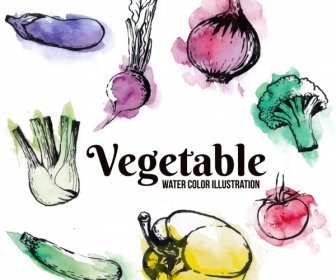Vegetables Background Watercolored Grunge Decor Ingredients Icons