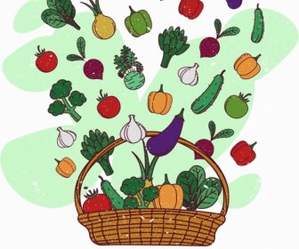 Vegetables Basket Background Colorful Retro Design