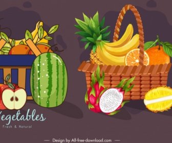 Vegetables Baskets Icons Dark Colorful Classical Design