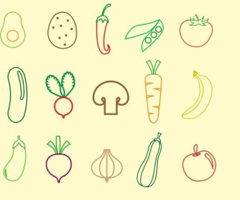 ícones De Frutas Legumes Esboço Design Plano Colorido