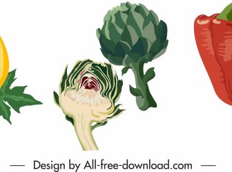 Vegetables Fruits Icons Colored Classical Flat Handdrawn Sketch