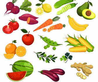 Warzywa Owoce Ikony Kolorowe Nowoczesny Design