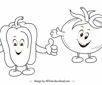야채 아이콘 칠리 토마토 스케치 양식에 일치시키는 핸드 그린 스케치