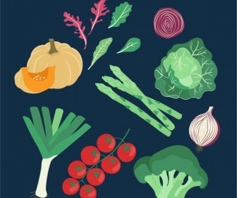 Vegetables Icons Colorful Classical Design Handdrawn Sketch