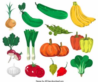 Vegetables Icons Colorful Classical Handdrawn Design
