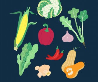 Ikon Sayuran Warna-warni Sketsa Digambar Tangan Retro Datar