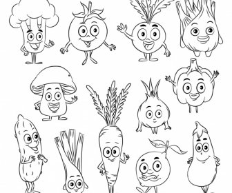 Vegetables Icons Cute Stylized Sketch Black White Handdrawn