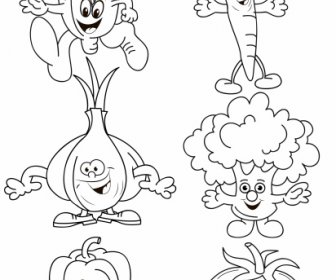 Vegetables Icons Funny Stylized Handdrawn Cartoon Sketch