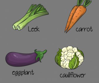 овощи иконы Handdrawn лук-порей морковь баклажаны цветной капусты эскиз