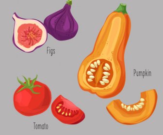 Vegetables Icons Retro Handdrawn Figs Tomato Pumpkin Sketch