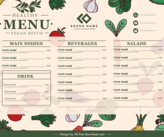 蔬菜功能表範本五顏六色經典平手繪素描。