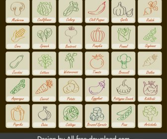 Vegetables Tags Icons Collection Handdrawn Flat Sketch
