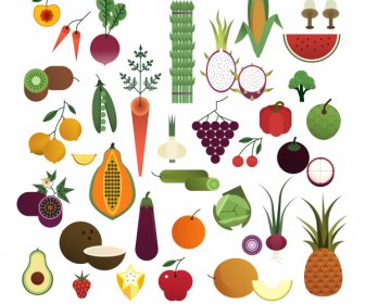 Vegetarian Ingredients Icons Colorful Objects Sketch