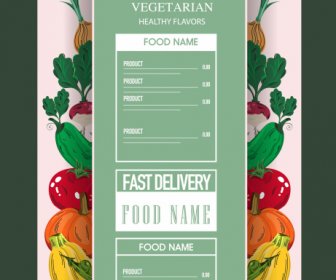 вегетарианское меню обложка шаблон красочные классические овощи эскиз