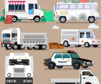 ícones De Veículos ônibus Caminhão De Polícia Esboço Carros