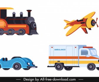 ícones De Veículos Treinam Esboço De Ambulância Carro Avião